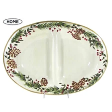 Target Home PINE & BERRIES 16" Oval Divided Serving Dish Platter Pinecone