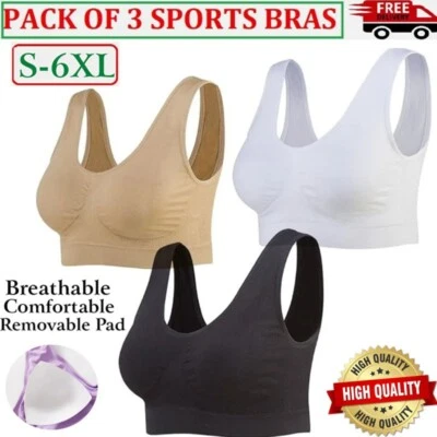 3 Pack Seamless Sports Bras Crop Vest Wirefree Comfort Stretch Removable Pad Bra