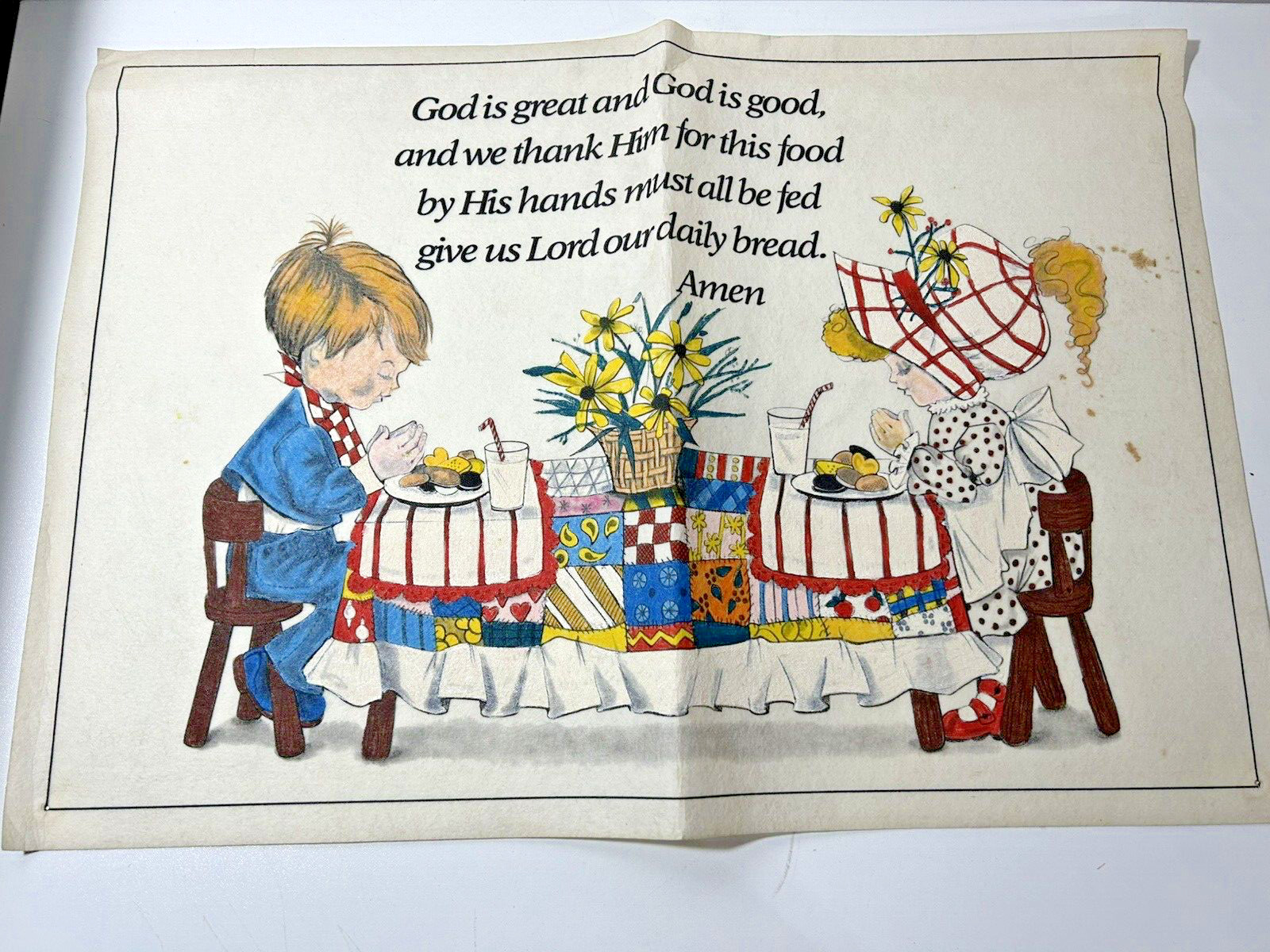 Vtg Tri-Chem Liquid Embroidery God is Great God is Good Little Boy Girl Praying