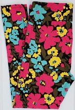 OS LuLaRoe One Size Leggings Pink Yellow Flowers on Black NWT K46 New