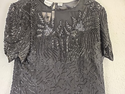 VTG Denise Elle Black Beaded Sequined Top Silk SZ M - Picture 3 of 6
