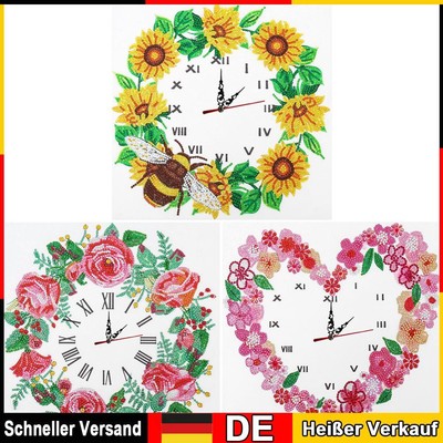 Aisen Wanduhr, Blumen, Diamond Painting, 5D, Kreuzstich, Diamant-Stickerei, Kuns