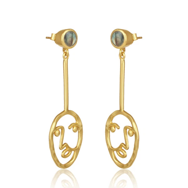 Pendientes colgantes de diseño facial enchapados en oro de plata 925 con piedras preciosas de labradorita Foto 2 de 4
