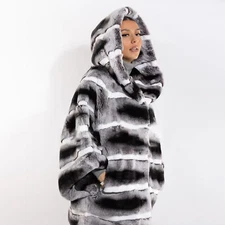 Women Real Rex Rabbit Fur Coat Hood Nature Chinchilla Print Jacket Loose Outwear