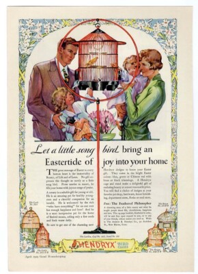 BIRD CAGE by Hendryx Magazine Ad 1929 Family Watching Pet Parakeet