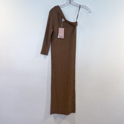 Oroton Tan One Sleeve Asymmetric Knit Stretchy Designer Midi Dress Medium  NWT