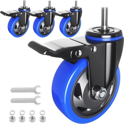 Stem Caster Wheels 4 inch Heavy Duty Threaded Mount Casters Set of blue 
