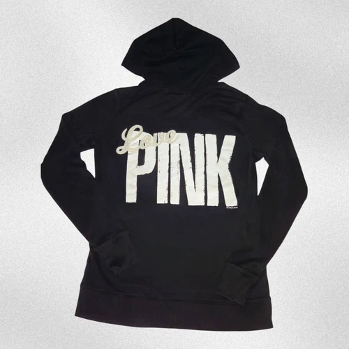 UNDERCOVER Felpa con cappuccio rosa Victoria's Secret full zip nera piccolo logo ricamato toppa Terry
