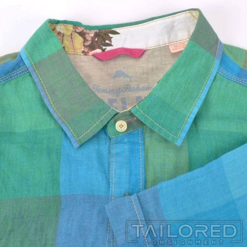 NWT - TOMMY BAHAMA Blue Plaid Check LINEN Island Modern Fit Casual Shirt - XL/TG