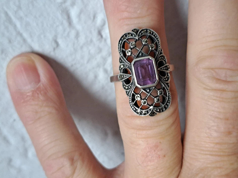 Anello In Argento Molto Bello, Argento 925 Con Ametiste E Marcasite - Immagine 4 di 4