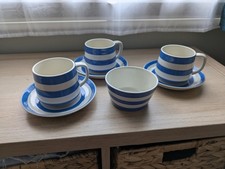 TG Green Cornishware Teacup Trio + Sugar Bowl Restyled By Judith Onions VGC