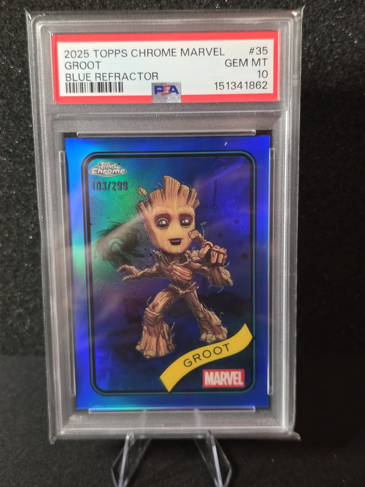 2025 Topps Chrome Marvel Groot True Blue Refractor #/299 PSA 10 GEM MINT
