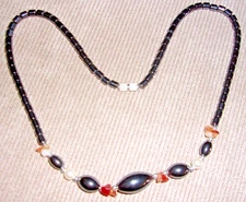 vtg HEMITITE BEAD QUARTZ FRESHWATER PEARL NECKLACE SILVER ESTATE BARREL CLSP 17"