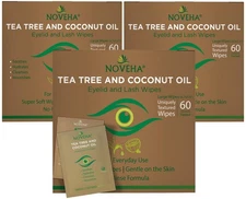 NOVEHA Tea Tree & Coconut Oil Eyelid & Lash Wipes | For Demodex, Blepharitis ...