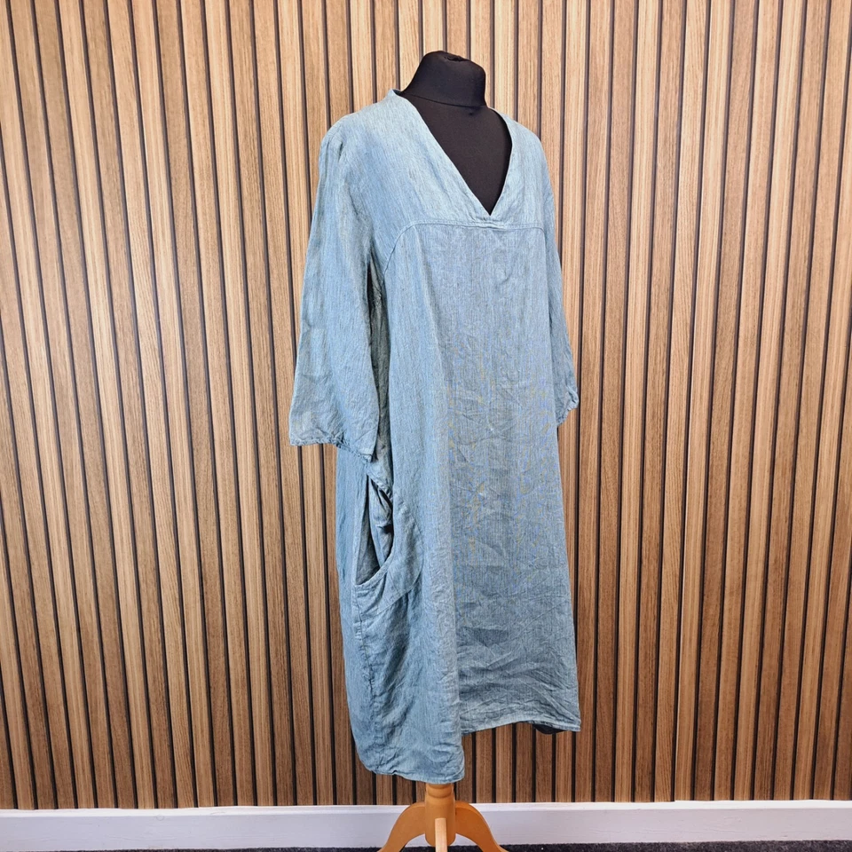 Vestido midi de lino GR Nature 44 UK 16 bolsillos a rayas verdes manga globo 3/4 Foto 3 de 4