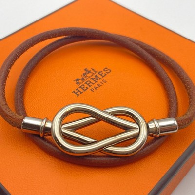 Hermes Atame Bracelet Choker Necklace Brown Silver 14.3g