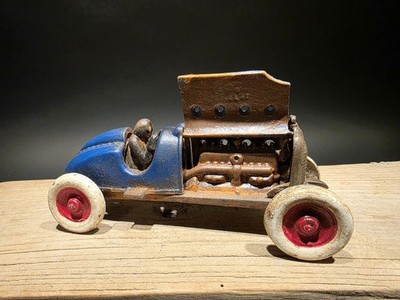 Antique Vintage Style Blue Cast Iron Toy Race Car w Lifting Hood