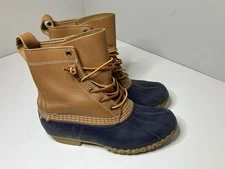 Women's Size 7M L.L. Bean Duck Boots 6 Eye Lace Up Tan Leather Navy Rubber USA