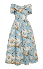 Oscar De La Renta Off Shoulder Knotted Floral Blue Midi Dress Size 6 US | 10 AU