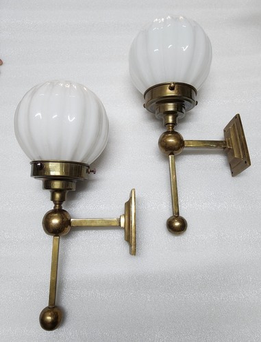 Pair Vintage Art Deco Brass Milk Glass Wall Fixture Sconces Ship Light Lamp - Picture 3 of 5