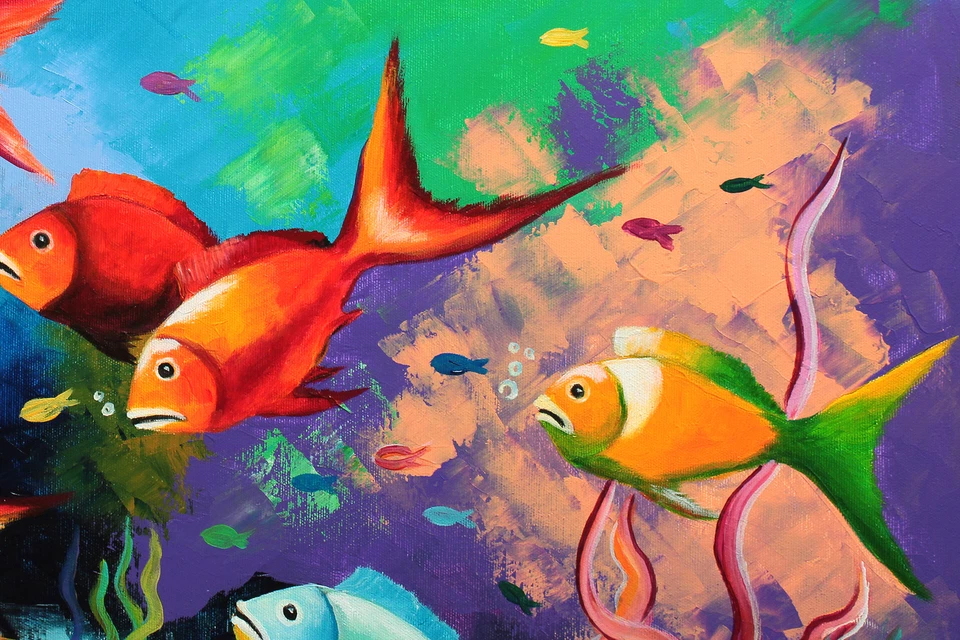 NOVAARTE Acryl Bild Gemälde Fische Abstrakte Malerei Kunst Modern Meer ORIGINAL - Bild 2 von 4