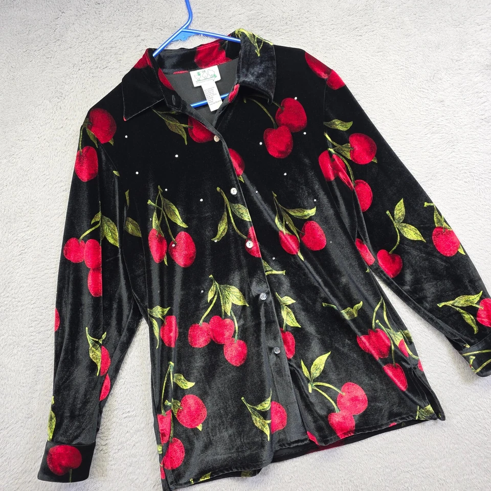 Quacker Factory Jacket Womens M Black Velvet Plush Cherry Embellished Blazer - Image 2 of 4