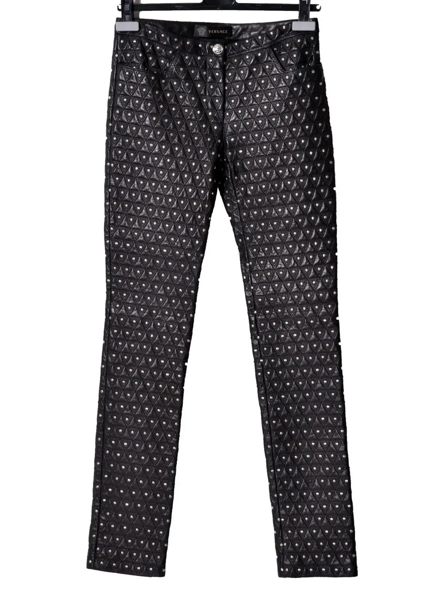 $7,195 New VERSACE Studded Black Lamb Leather Moto Pants 42