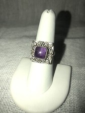 Vintage Amethyst Square Cut Cabochon Sterling Silver Ring Size 7
