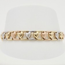 14k Gold Puffy Heart Link Bracelet Tricolor White Yellow Rose 9gr