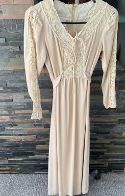 Vintage 70's Long Formal Dress Cream W/ Lace JCPenney