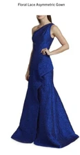 Teri Jon By Rickie Freeman Royal Blue Floral Lace Asymmetric Gown Dress