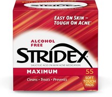 Stridex Medicated Acne Pads, Maximum, 55 Count Facial Cleansing Wipes, Alcohol