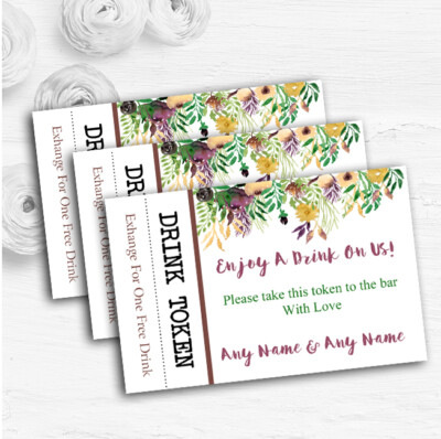 Herbst Pflaume Aquarell Blumen Header personalisiert Hochzeit Bar kostenlose Getränke Token