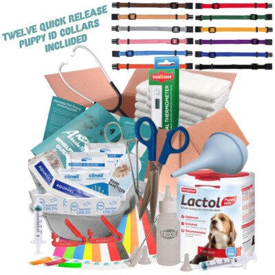 Alpha Dog Full Puppy Whelping Kit 12 Trixie ID Collar Milk Bottle Scissors Guide