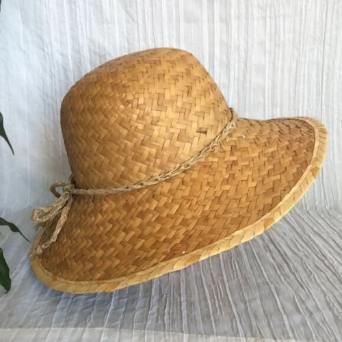 Womans wicker thick weave medium brim summer sun hat w/rattan tie - Picture 5 of 9