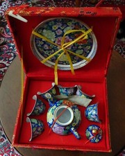 VINTAGE CHINESE MINIATURE TEA SET WITH TRAY HAND PAINTED IN A RED SILK BOX