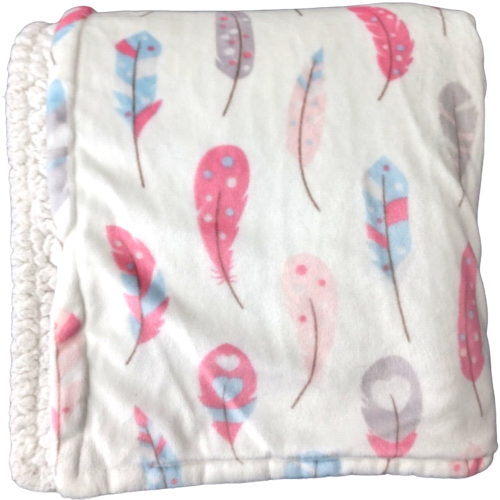 Manhattan Kids 118620 Pink Gray Blue Feather White Sherpa Baby Blanket Lovey HTF - Picture 1 of 3