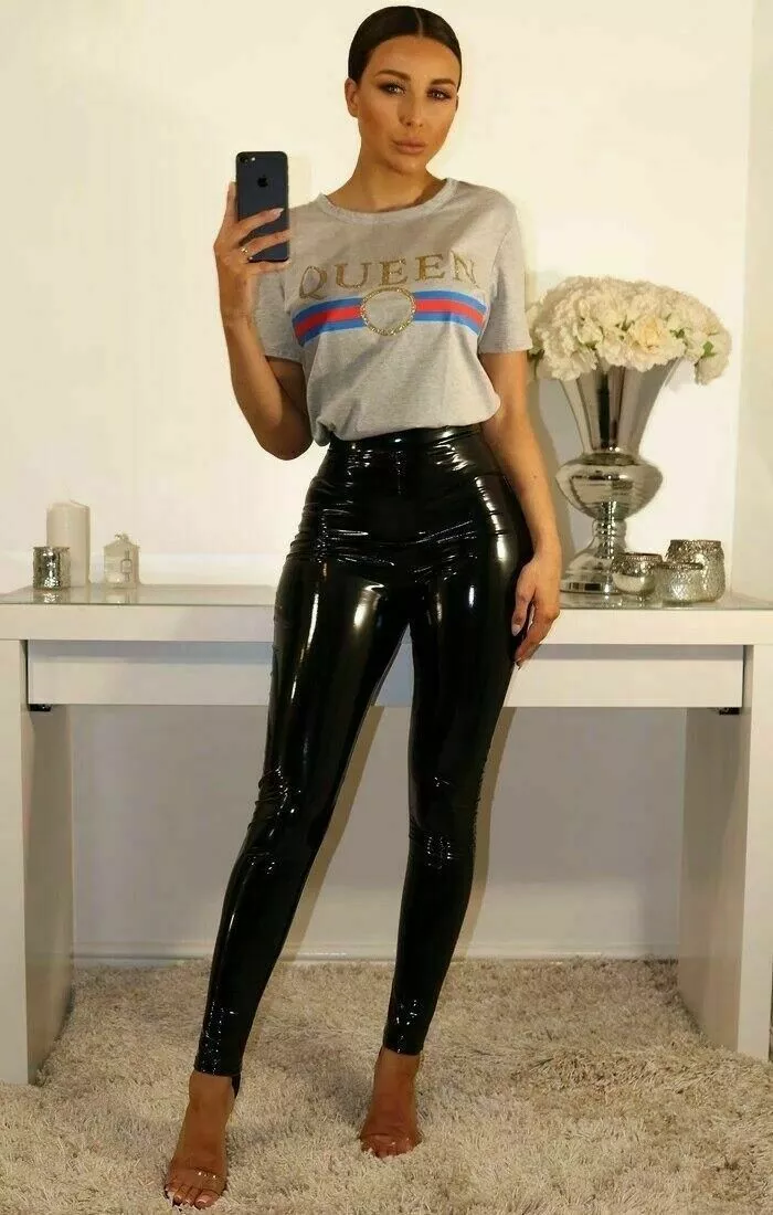 Womens Black High Shine Vinyl PU Waisted Skinny Wet Look Leggings
