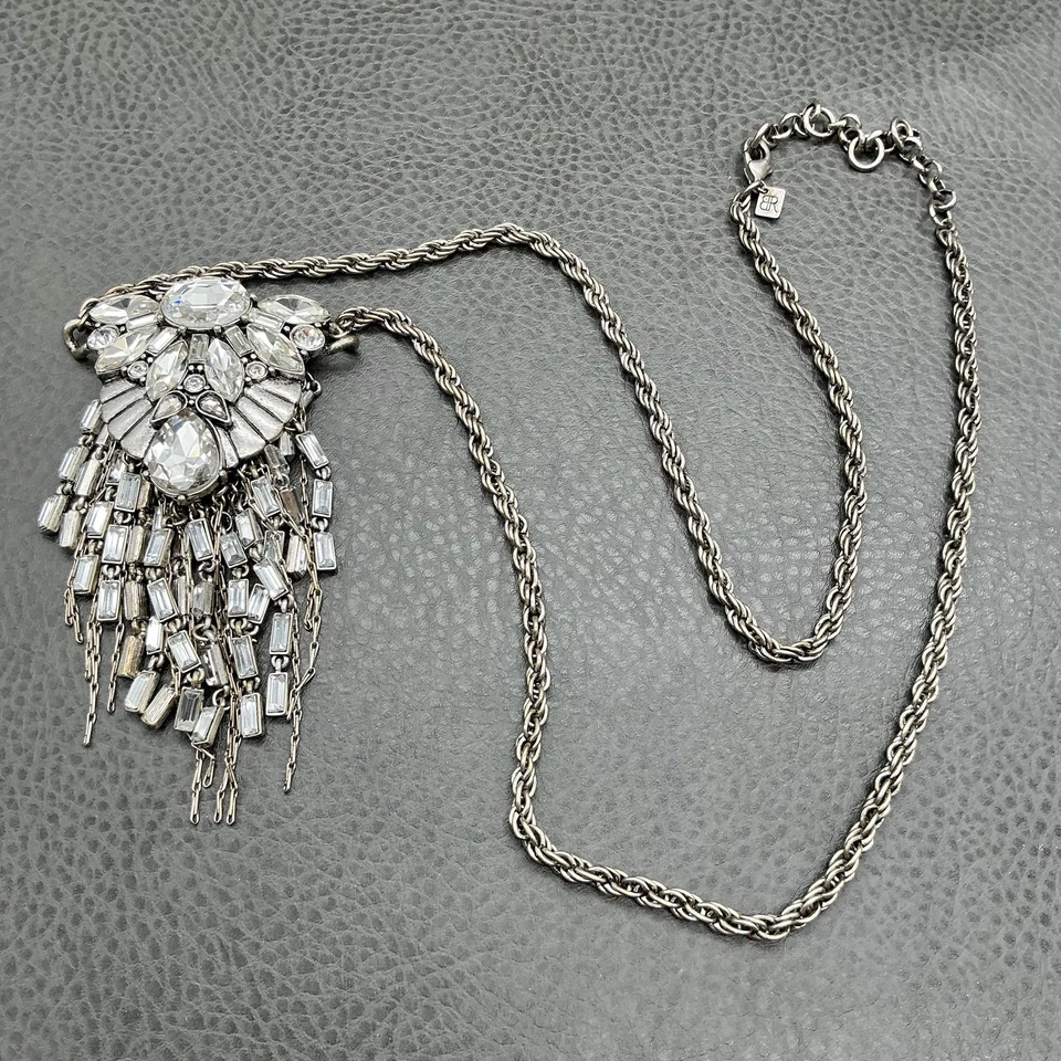 Banana Republic Statement Necklace Crystal Rhinestone Bib Chandelier Silver Tone - Image 3 of 4