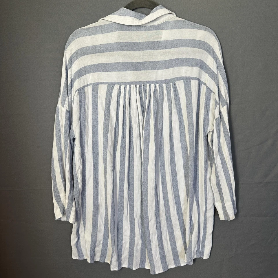 Umgee USA Shirt Womens 1XL Blue White Striped V-Neck 3/4 Sleeve Tunic Crinkle - Image 2 of 4