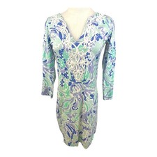 Lilly Pulitzer Hollee Dress Pima Cotton Blue Green Floral V-Neck Small