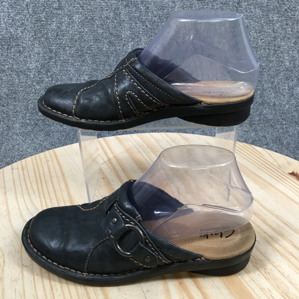 Clarks Womens 6M Black Bendables Leather Slip On Mules Clogs Comfort Shoes - Image 2 of 4