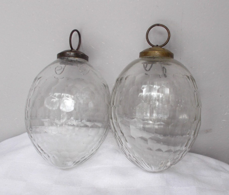 2 pc Clear Optic Heavy Glass Ornament Kugel Style Brass Top Vintage 5”