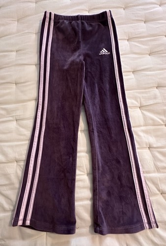 adidas Pants Girl’s Size 5 Youth Purple Rib Velour Vented Flare Leg W/Stripes - Picture 1 of 5
