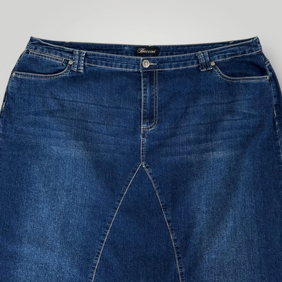 Falda Baccini para mujer 22W azul denim línea A dobladillo crudo elástico 5 bolsillos cremallera mosca Foto 3 de 4