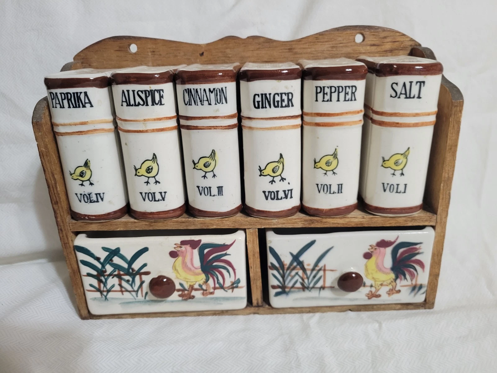 VNTG Spice Wall Shelf 6 Ceramic Spice Shakers 2 Ceramic Drawers Made In Japan