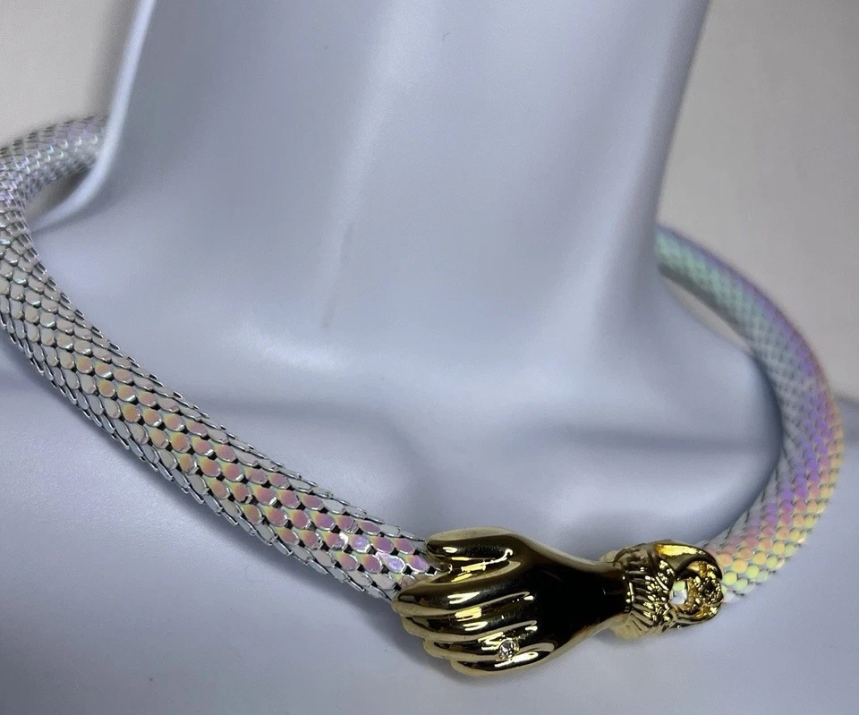 Vintage DL Auld Iridescent White Dragonscale Choker Mesh Snake Collar Necklace - Image 2 of 4