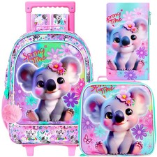3 PCS Rolling Backpack for Girls Kids Roller Bookbag Lunch Bag Koala Grey