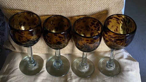 4 Murano Italy Glass Amber Tortoise Shell Hand Blown Wine Goblets - Picture 2 of 16