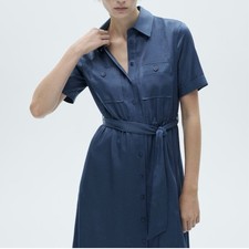 Mango Blue Belted Button Front Collared Shirt Dress Short Sleeve Midi XS